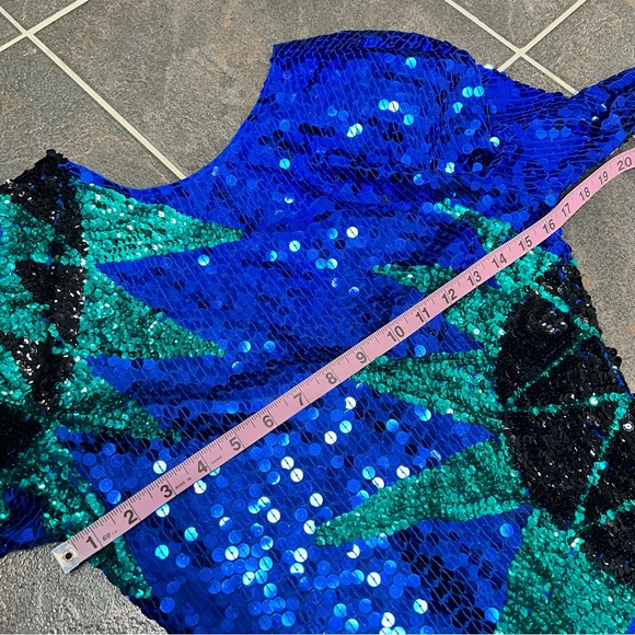 Vintage Long Sleeve Sequin Sunburst Mini Dress P Bodycon Blue Green - Picture 8 of 15